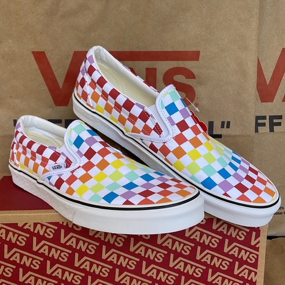 Vans Classic Slip On Checkerboard Rainbow/True White sneakers WMNS - Picture 6 of 16